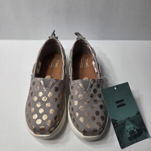 TOMS Girls' New Bimini Drizzle Grey/Rose Gold Foil Polka Dot Shoes Size Youth 12